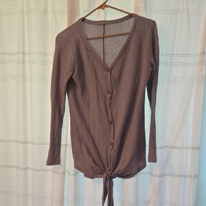 Grey Waffle Knit Button Up Long Sleeve Top Tie Front Size Small